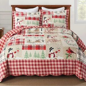 Christmas Patchwork Quilt Set Snowman Winter Lodge Cabin Plaid Bedding